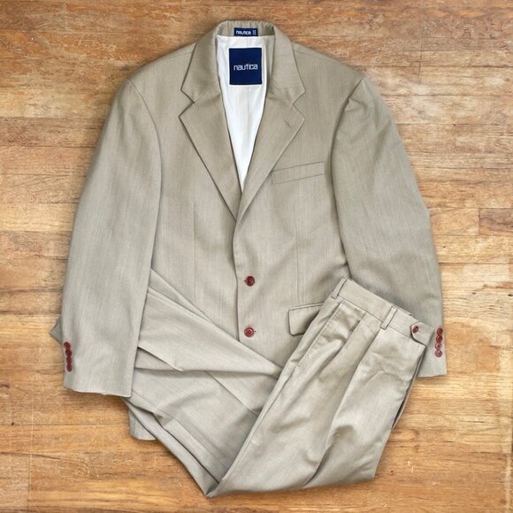 Vintage Mens Tan Suit Set Size 41R 34x30 Pants 1990s Wool Suit Coat & Pants - Picture 1 of 9